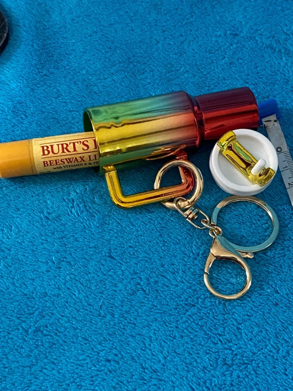 Iridescent Rainbow Tumbler Keychain with Gold Hardware